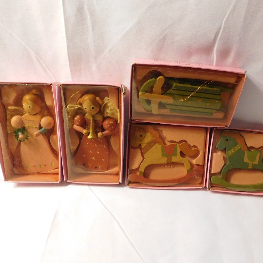 Vintage Russ Berrie Wooden Ornaments Lot of 5